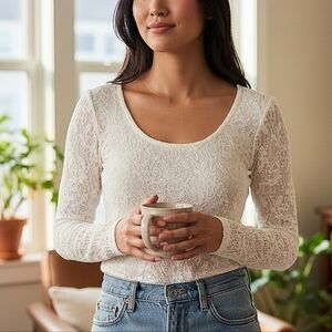 BKE Women's Long Sleeve Lace Scoop Neck Top in Ivory